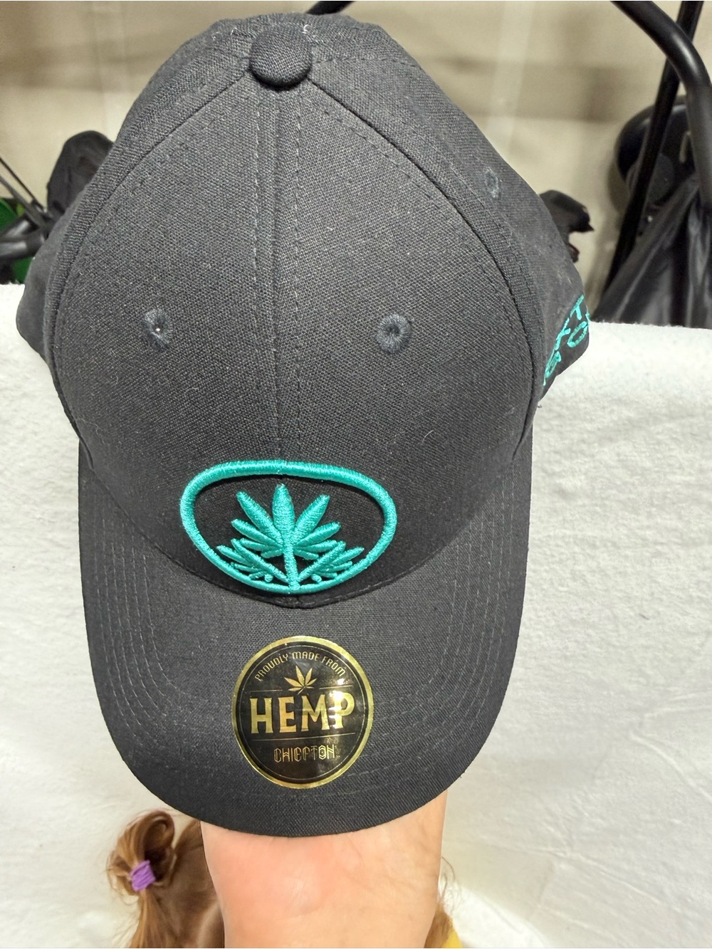 Hemp Collection Black Cap with Teal Embroidered Leaf